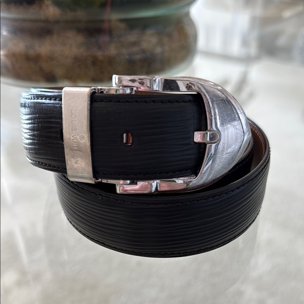 Louis Vuitton Black Epi Leather Belt With Silver Buckle